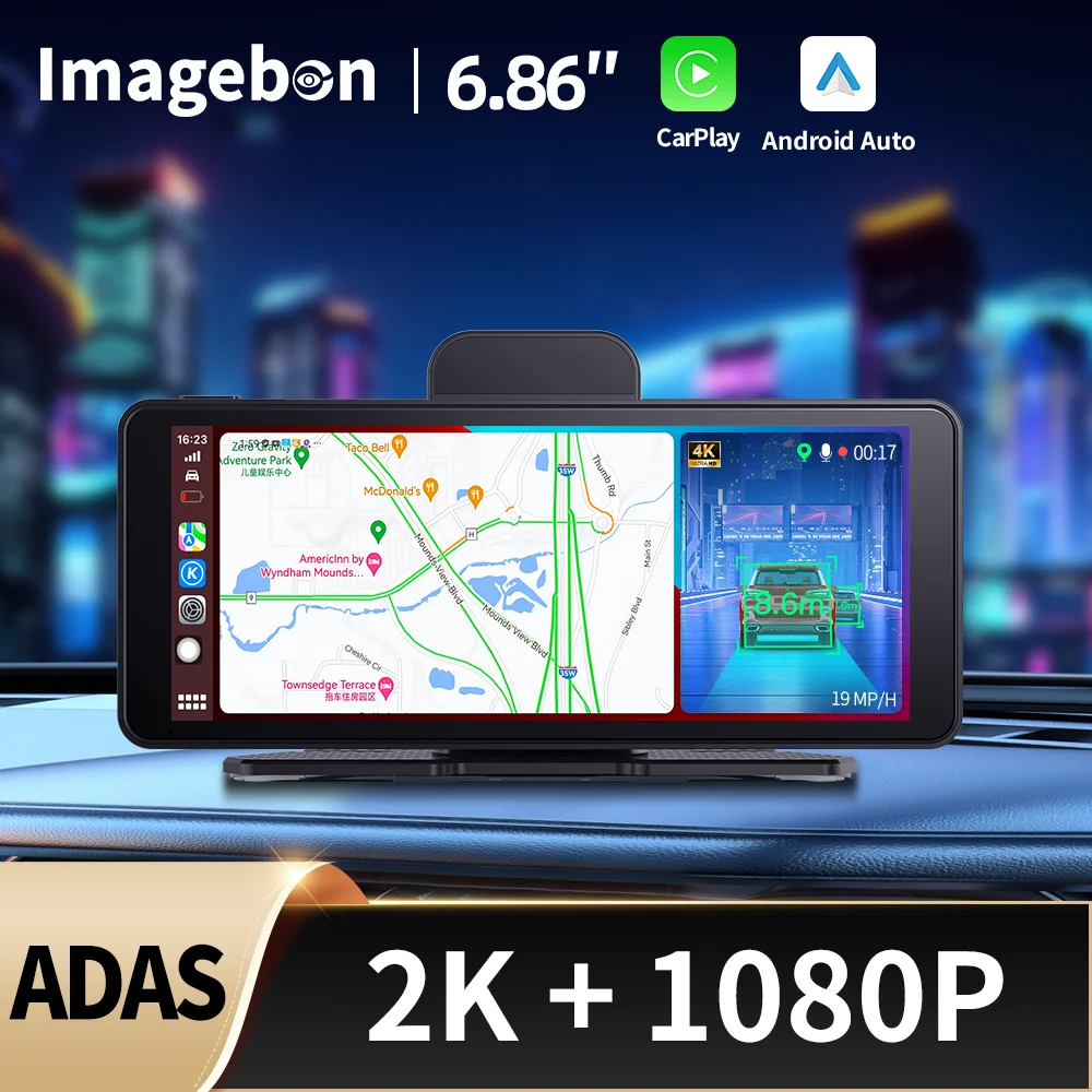 

Imagebon 6.86" Dash Cam Wireless CarPlay & Android Auto Car Stereo with WiFi BT AUX FM GPS Navigation Mirror Link Voice Control