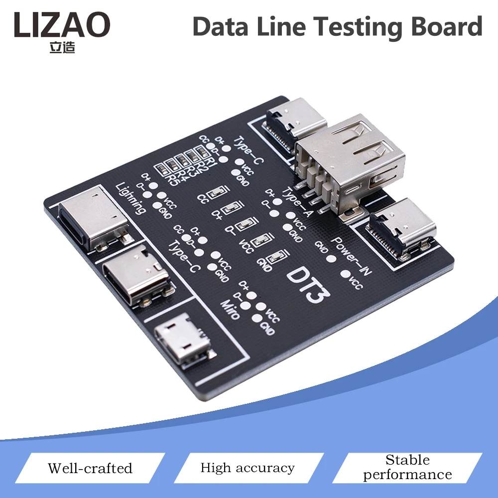 DT3 USB Data Line Testing Board, Lightning / Type‑C / Micro‑USB / USB‑A Multi‑Interface Cable Test Breakout Board