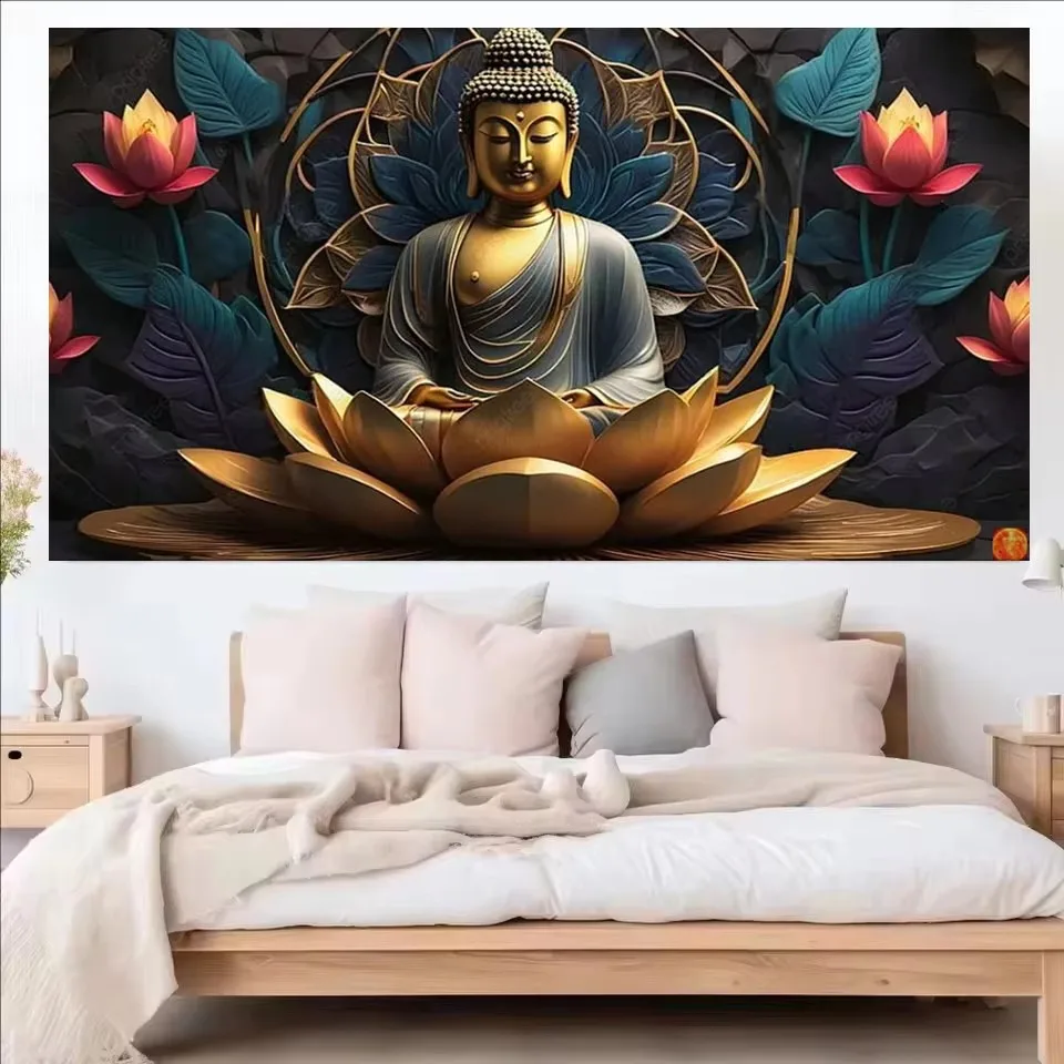 5D Diamond Painting Gold Lotus Buddha Abstract Art Cross Stitch Kits DIY Diamond Mosaic Embroidery Large Size