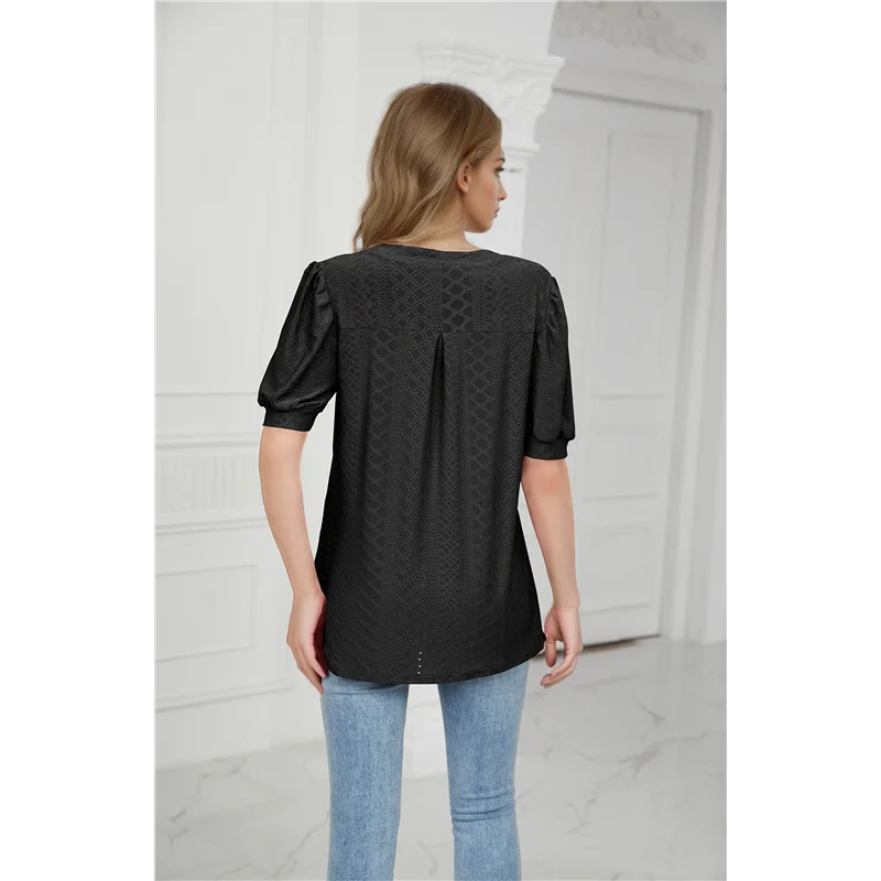 AOAO-Camicie a maniche corte a sbuffo estiva per donna T-shirt con occhielli vestibilità ampia Notch Camicetta a tunica con scollo a V Scava fuori Top da lavoro