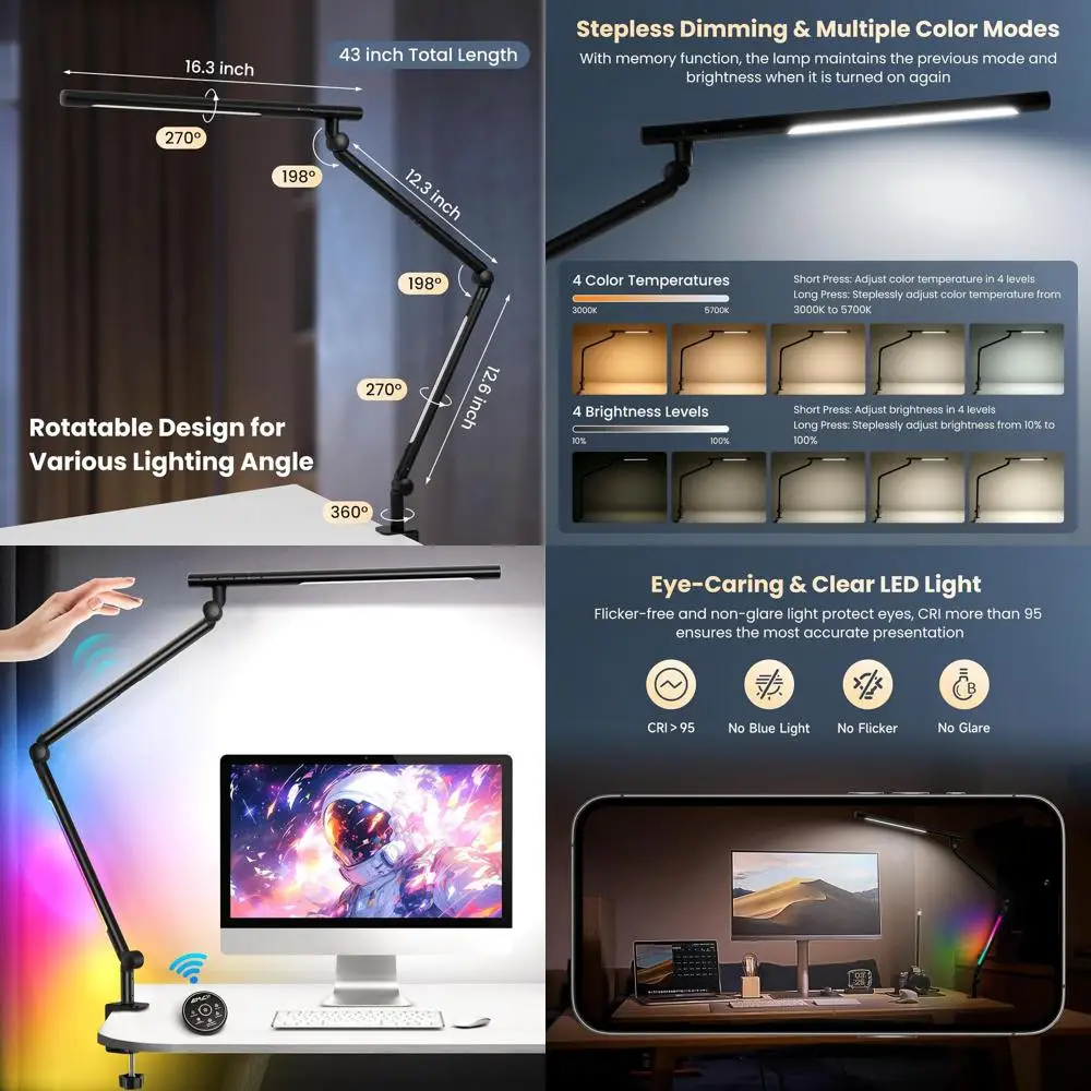 

18W Adjustable RGB Desk Lamp with Clamp, 4 Modes Dimming, Eye-Care Light for Home Office, Reading, Study, and Gaming