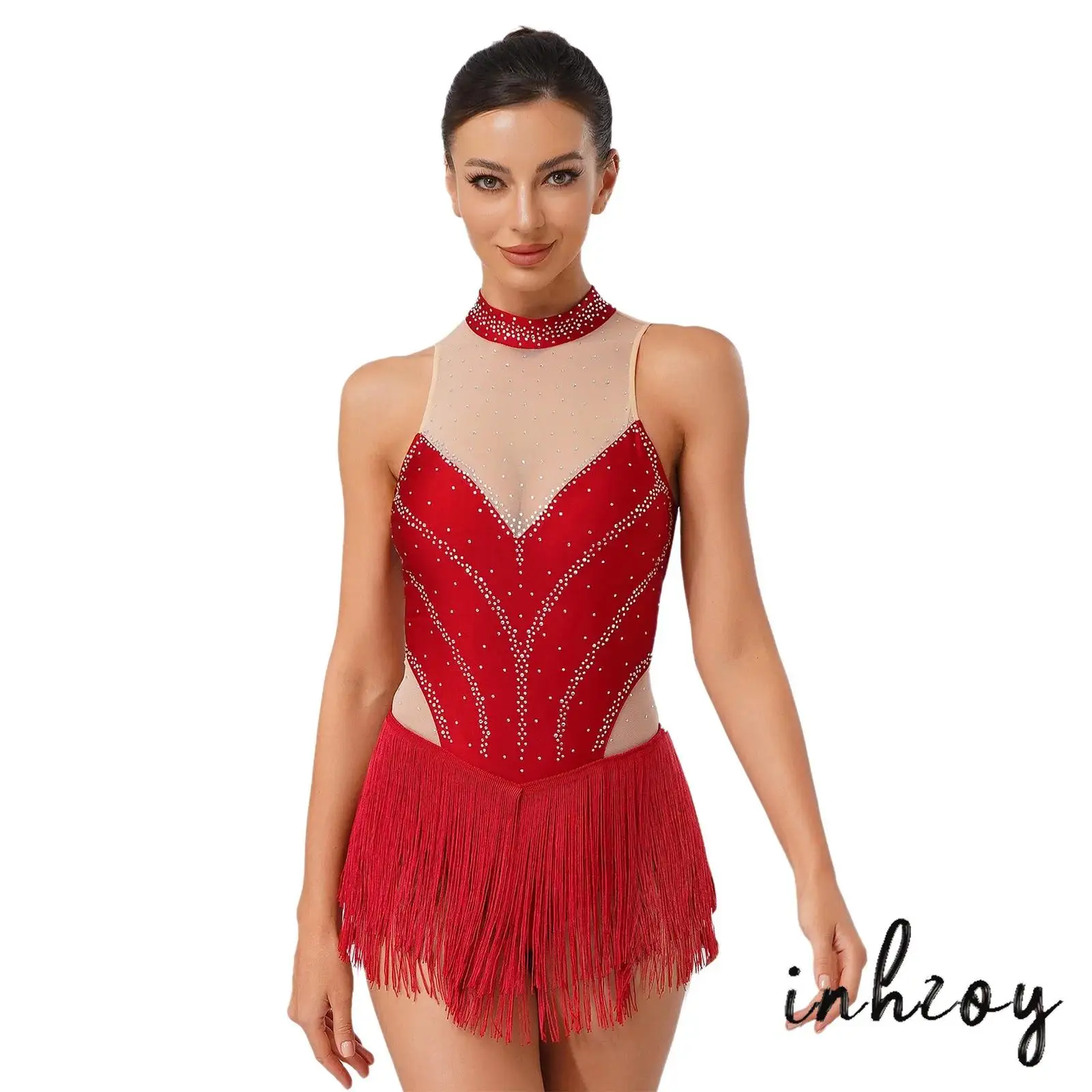 

Womens Sexy Latin Dance Leotard Sleeveless Keyhole Back with Glittery Tassel Fringe for Tango Chacha Figure Skating Dance Show