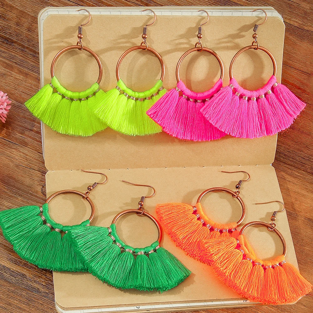 Bohemian Fan Tassel Hoop Earrings Vintage Copper Circle Long Fringe Dangle Earring Beach Vacation Party Women Fashion Jewelry