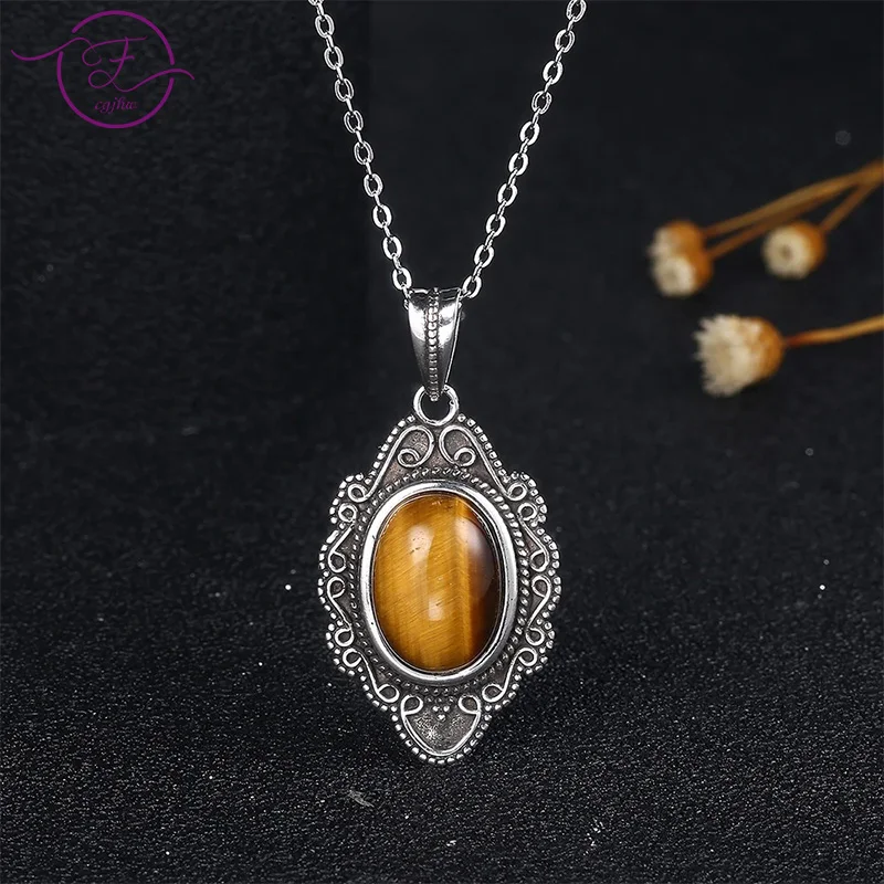 

Oval Natural Tiger Eye Necklace for Women Silver Plated Rhodochrosite Pendant Vintage Fine Jewelry Party Birthday Gift FCGJHW