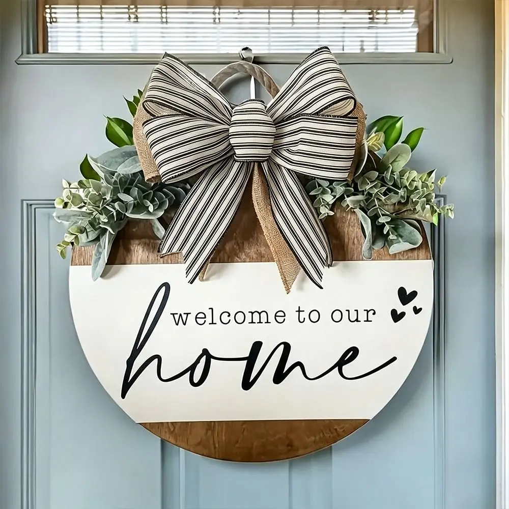 Durable 2D Flat Wooden Door Sign Solid Wood Floral Pattern Wooden Welcome Sign Bow Pattern Round Doorplate Holiday Decorating