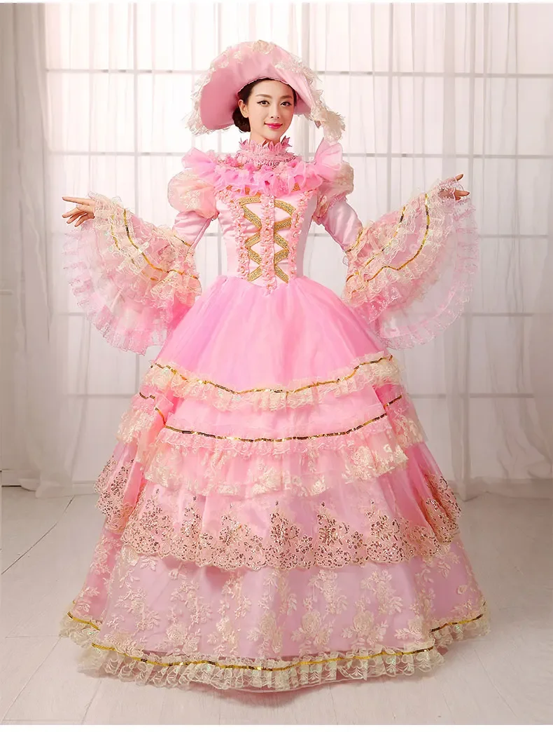 

Elegant Pink Long Sleeve Lace Victorian Lolita Ball Gown Medieval Renassiance Marie Antoinette Party Dresses