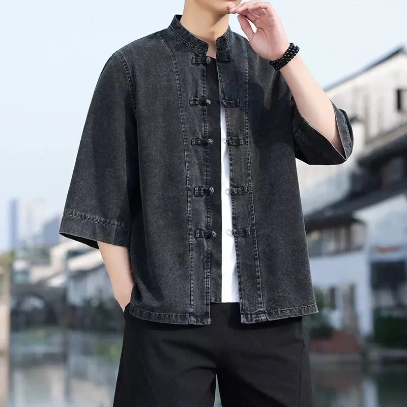 

Мужская летняя повседневная джинсовая рубашка AOWEN свободного кроя с воротником-стойкой, на пуговицах, больших размеров, однотонная, молодежная