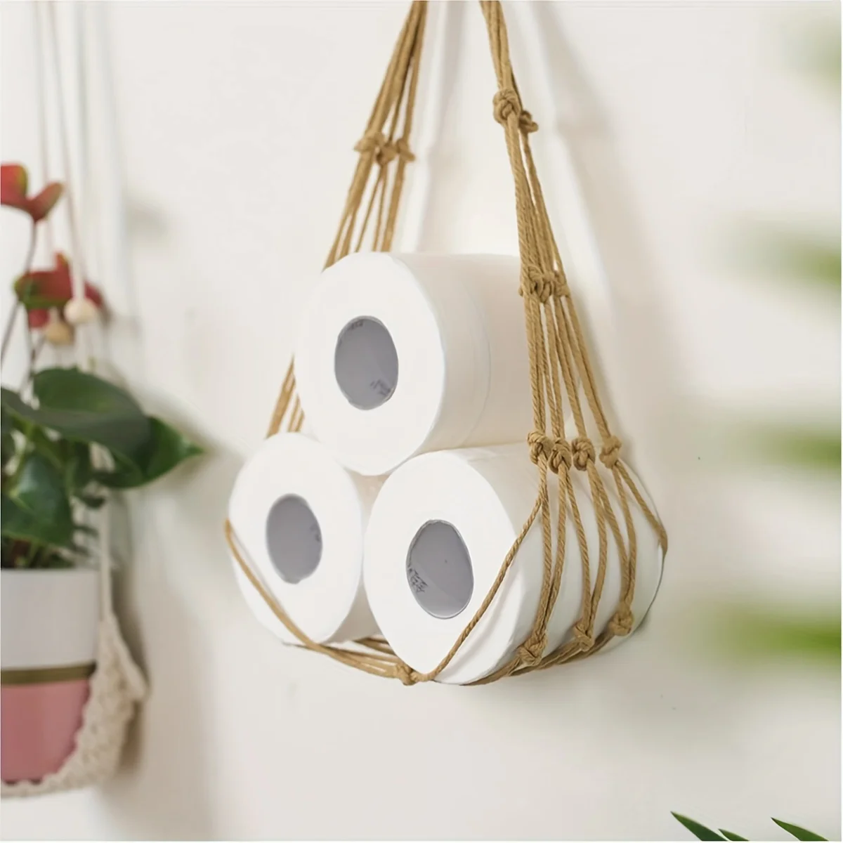 1pc Home Versatile Hand Woven Bathroom Cotton Rope Paper Towel Mesh Pocket Toilet Paper Roll Storage Freestanding