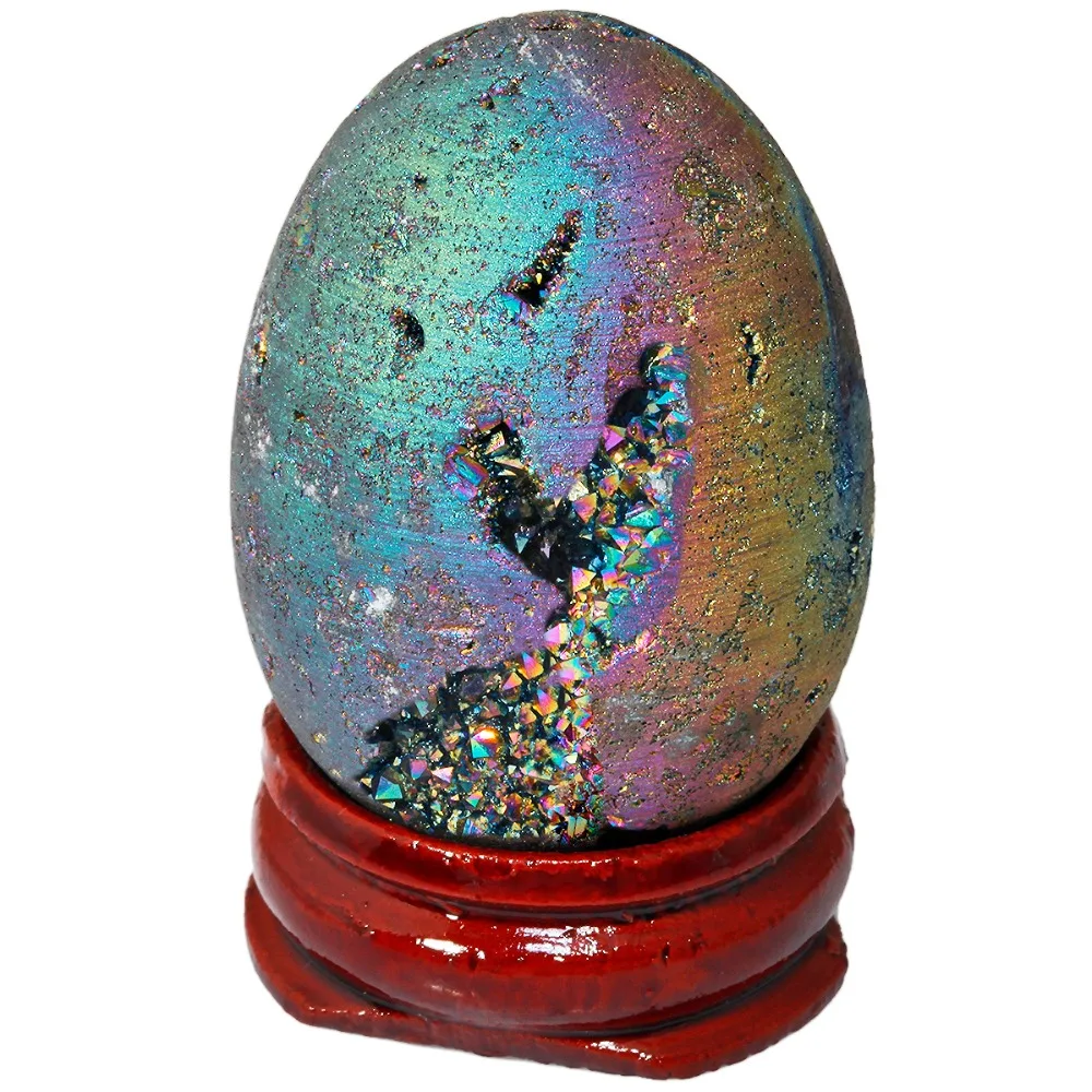 TUMBEELLUWA Rainbow Titanium Coated Druzy Geode Sphere,Crystal Quartz Agate Egg 40x30mm,Sculpture Figurine with Wood Stand