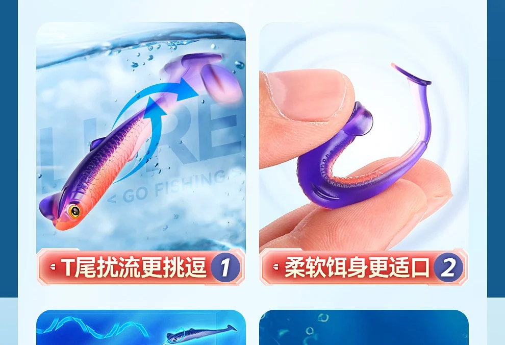Angelköder, bunter Fisch, 3D-Auge, T-Schwanz, weicher Köder, 6 cm, 1,3 g, künstliche Wurmköder, Texas Drop-Shot Bite Lead Rig, Lot 10 Stück – Detail 2