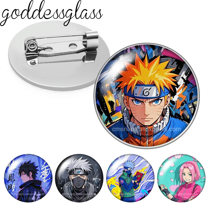 Naruto Anime Uzumaki Sasuke Sakura Kakashi Cartoon Photo Cabochon Brooch Pinback Button Bag Clothes Denim Jeans Lapel Pin Badge