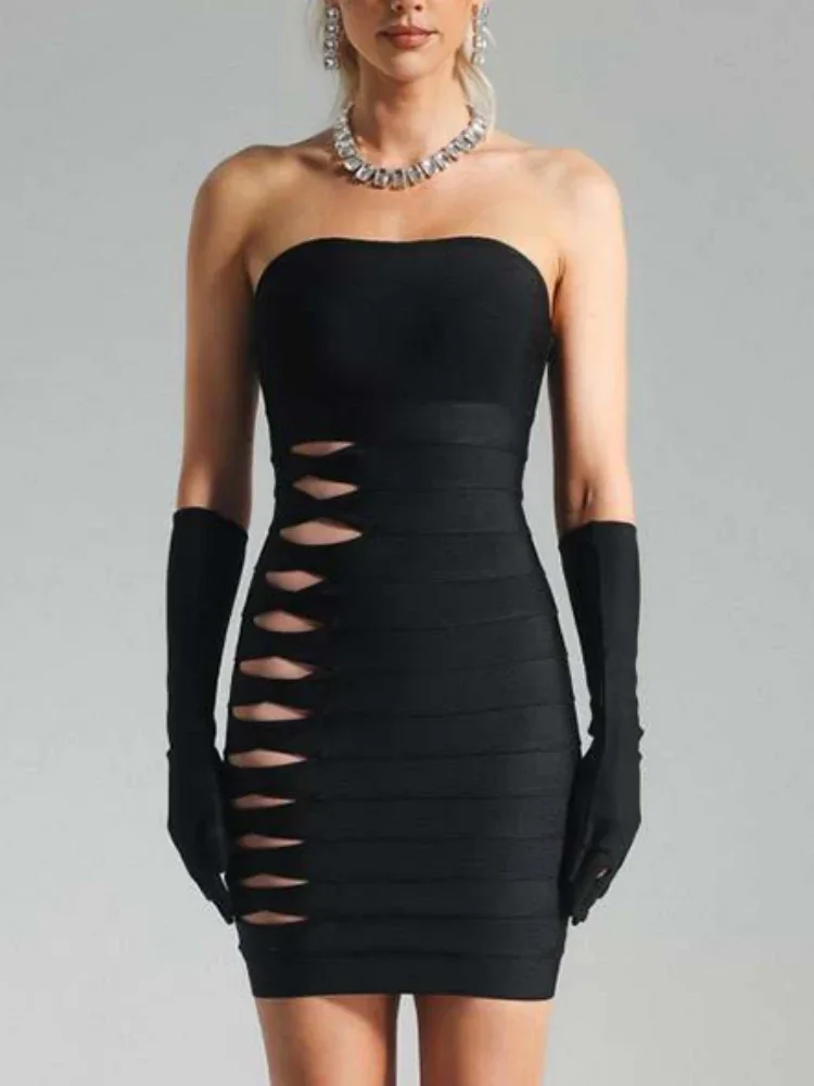 

BEVENCCEL Sexy Strapless Mesh Patchwork Cut Out Mini Bandage Dress Women Summer Black Backless Bodycon Evening Party Club Dress