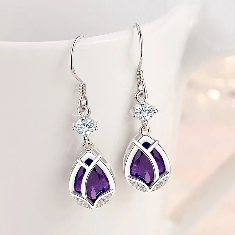 

Fashion Female Earrings 925 SIlver Needle Purple Flower Shaped Mosaic Zircon Earrings For Women Long Tassel Earrings Jewelry