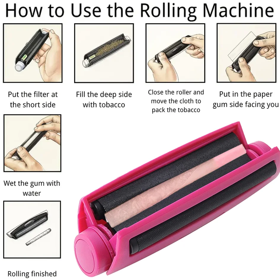 Pink Portable Plastic Cigarette Rolling Machine, Measuring 110mm, with a Handle-Operated Mechanism, Can Be Equipped with Tools for Rolling Tobacco and Cigars.