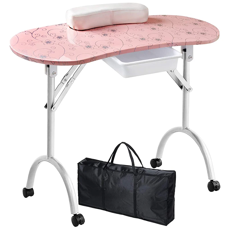 Manicure Nail Table Portable Folding Station Desk Movable Table for Home Beauty Salon with Sponge Wrist Cushion Drawer Carry Bag