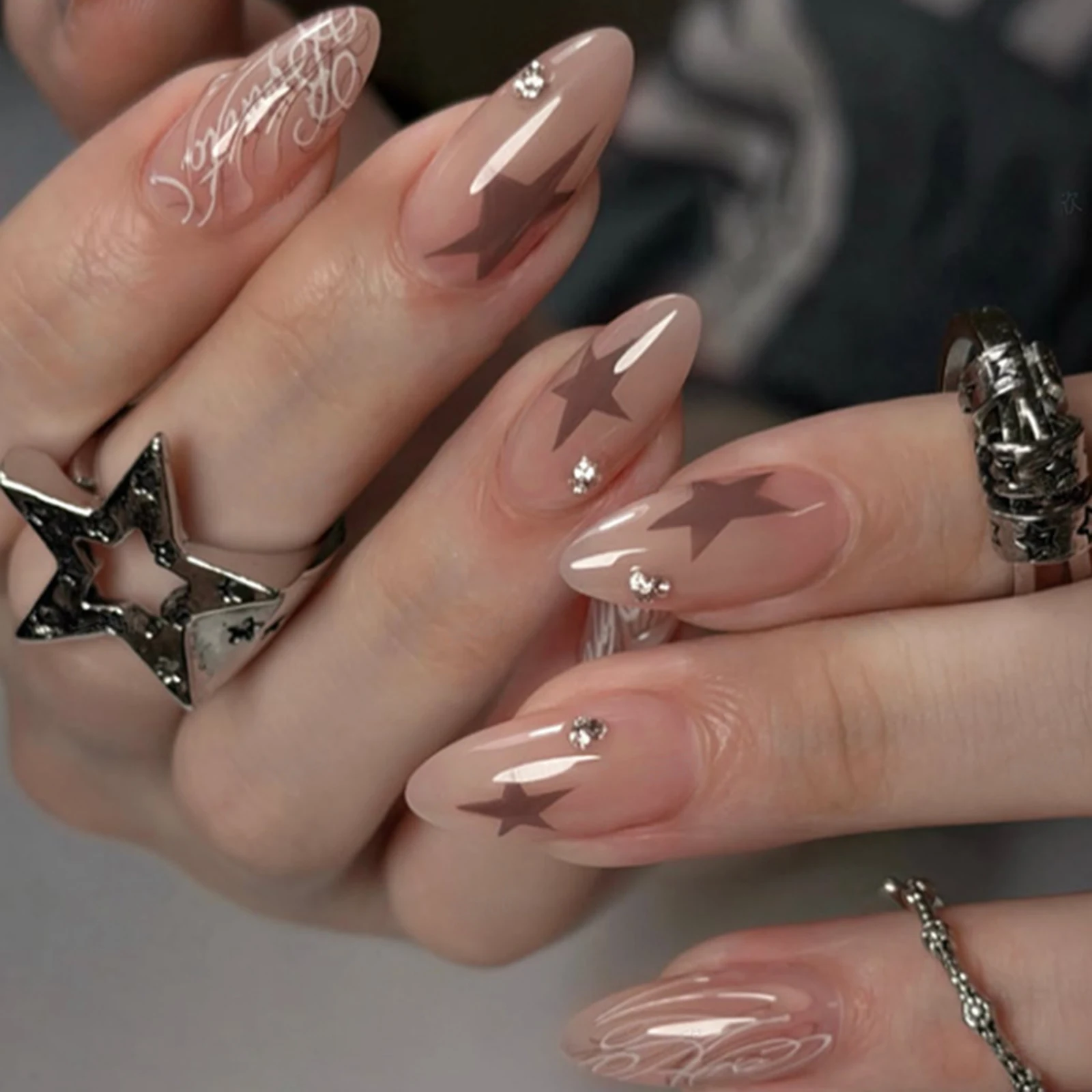 30pcs Almond Press On Nails 3D Star Chic Dark Style Resin Nails for Party Daily Wear Fashionable Women
