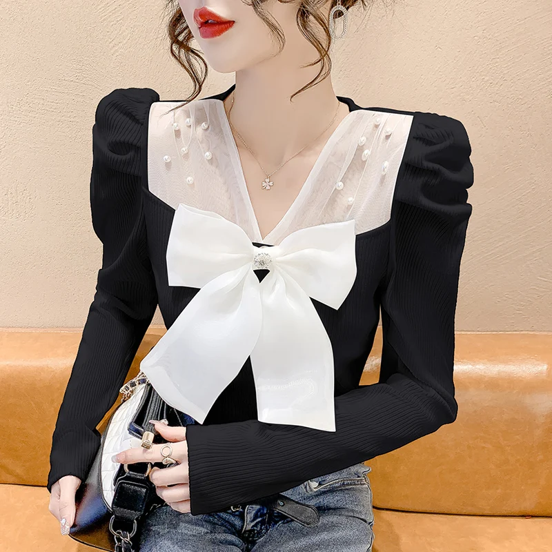 

Vintage Knit Tops Women 2023 New Korean Fashion Women Sexy Mesh V Neck Bow Luxury Beaded Long Sleeve Slim Knitted Sweater Femme