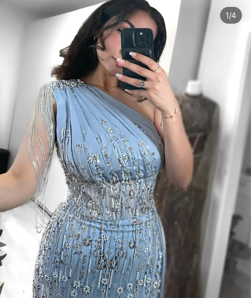 Elegant Light Blue One Shoulder Mermaid Evening Dresses with Side Tail Crystals Chains Beaded Sequins Wedding Dinner Party Gowns