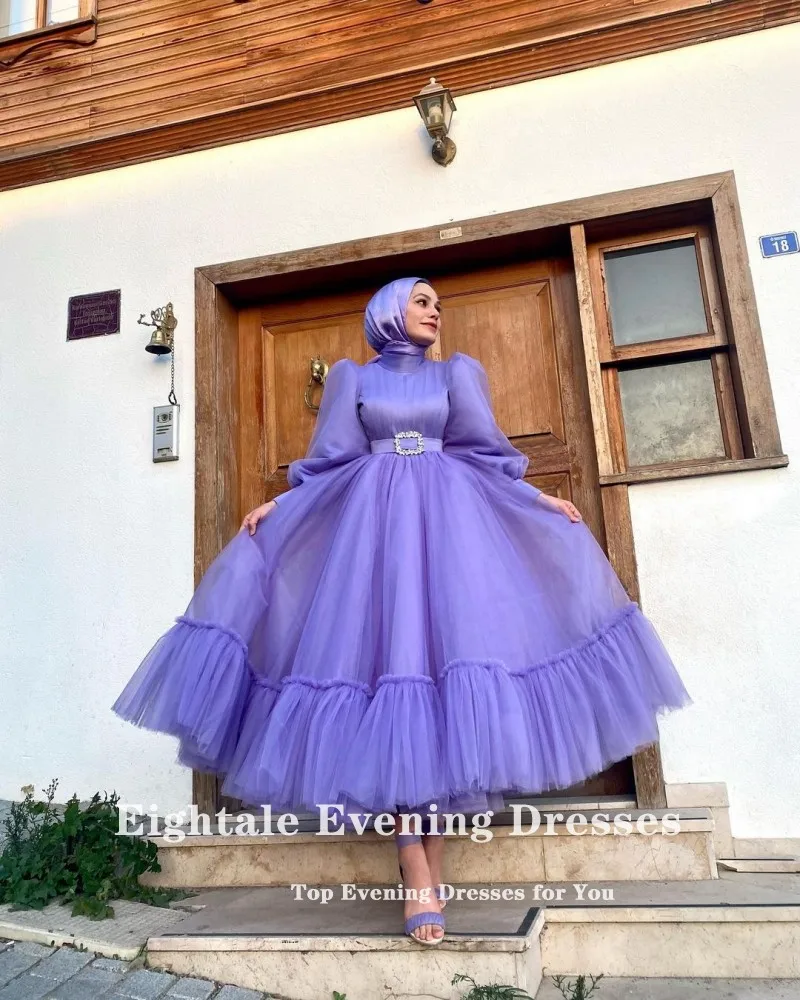 Eightale Lavender Prom Dress Long Sleeves Tulle Ruffled Short Evening Gown Ladies Dresses for Special Occasion Robe Femme Soirée