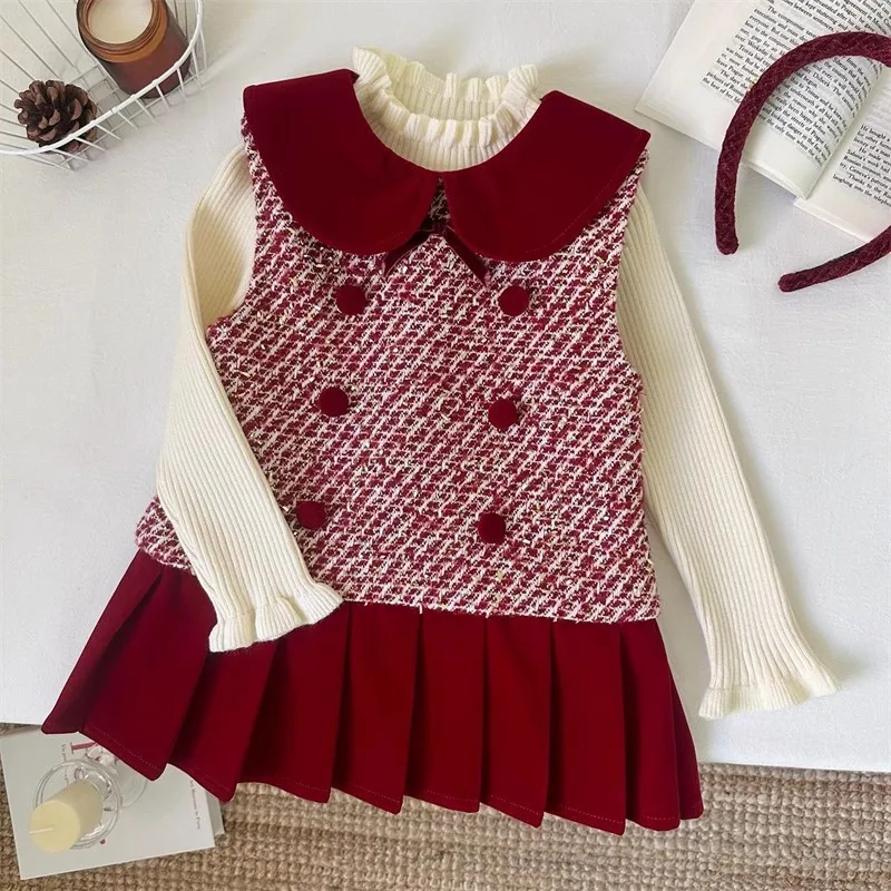 

TOY-Korean Girls' Clothing Autumn Winter Fleece Dress Children's Stylish New Year Festive Outfit Vest Dress Set