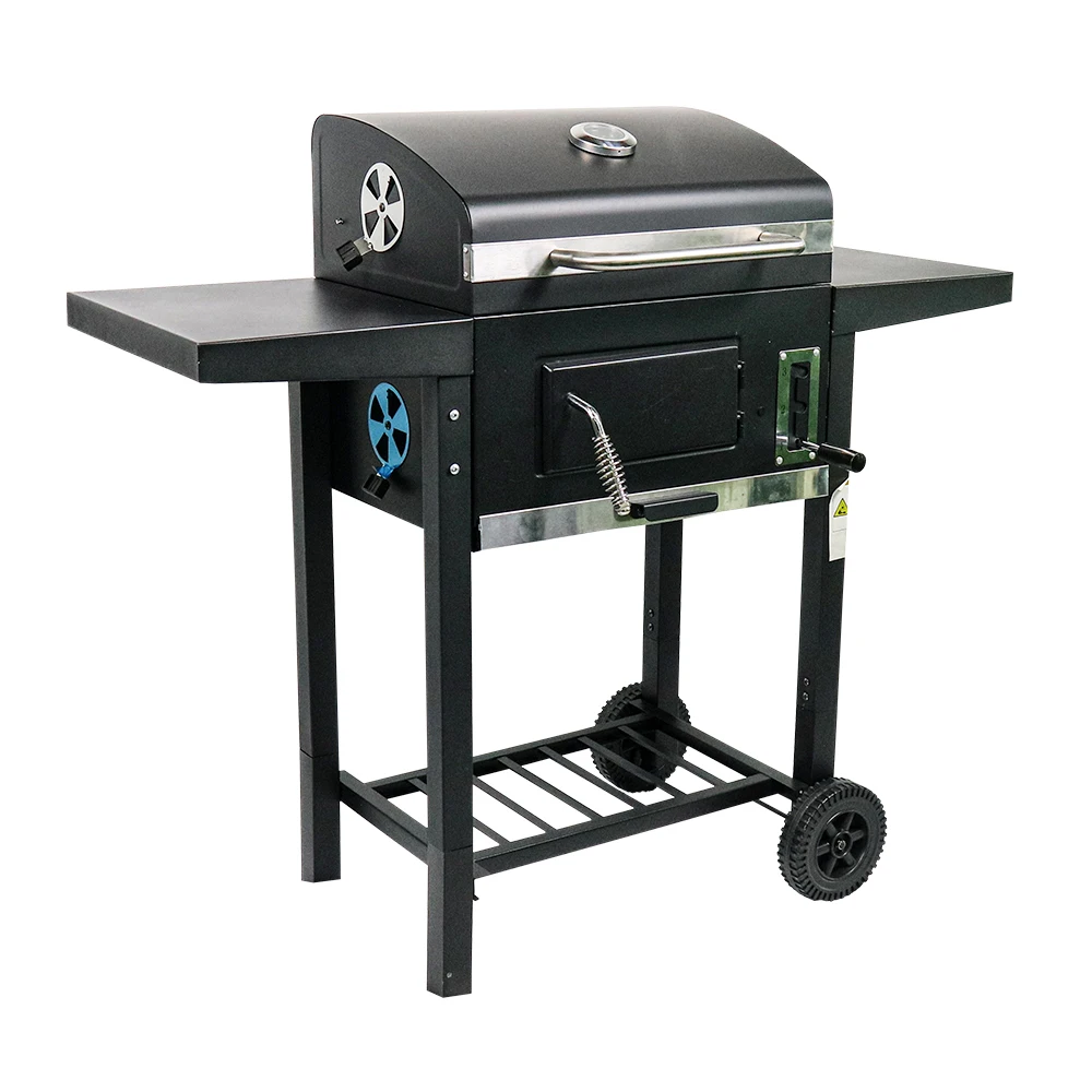 Portable Modern Charcoal BBQ Trolley Smoker with Double Side Tables Heavy Duty Grill Lid Remote Control Steel 0.7mm T