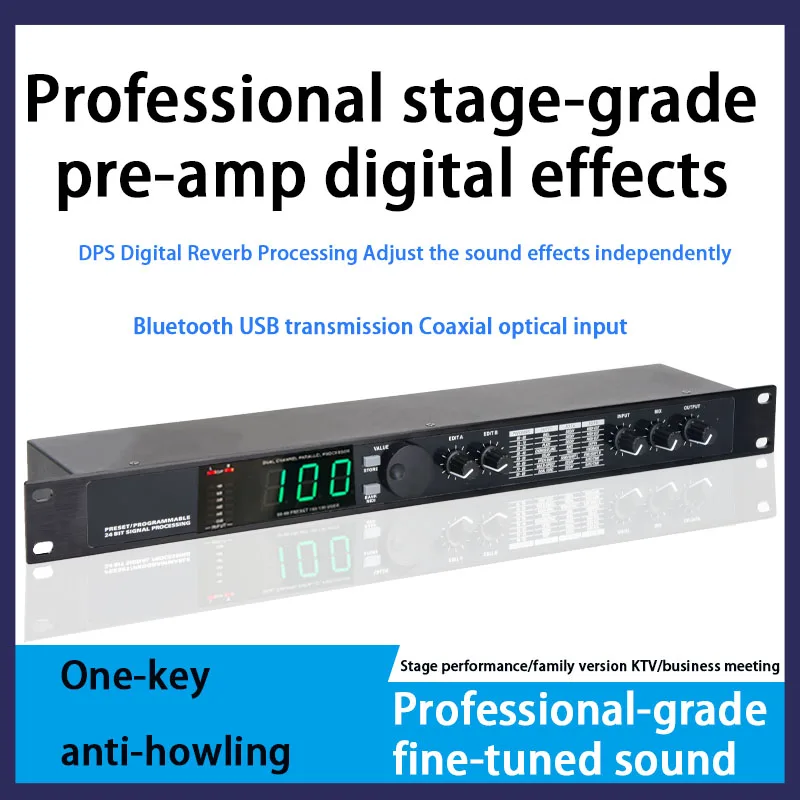 

MIC4 Digital Audio Reverb Processor,Multi Effect 199 Preset Elevation Angle Sound Processing DSP Hybrid Digital Audio Processor