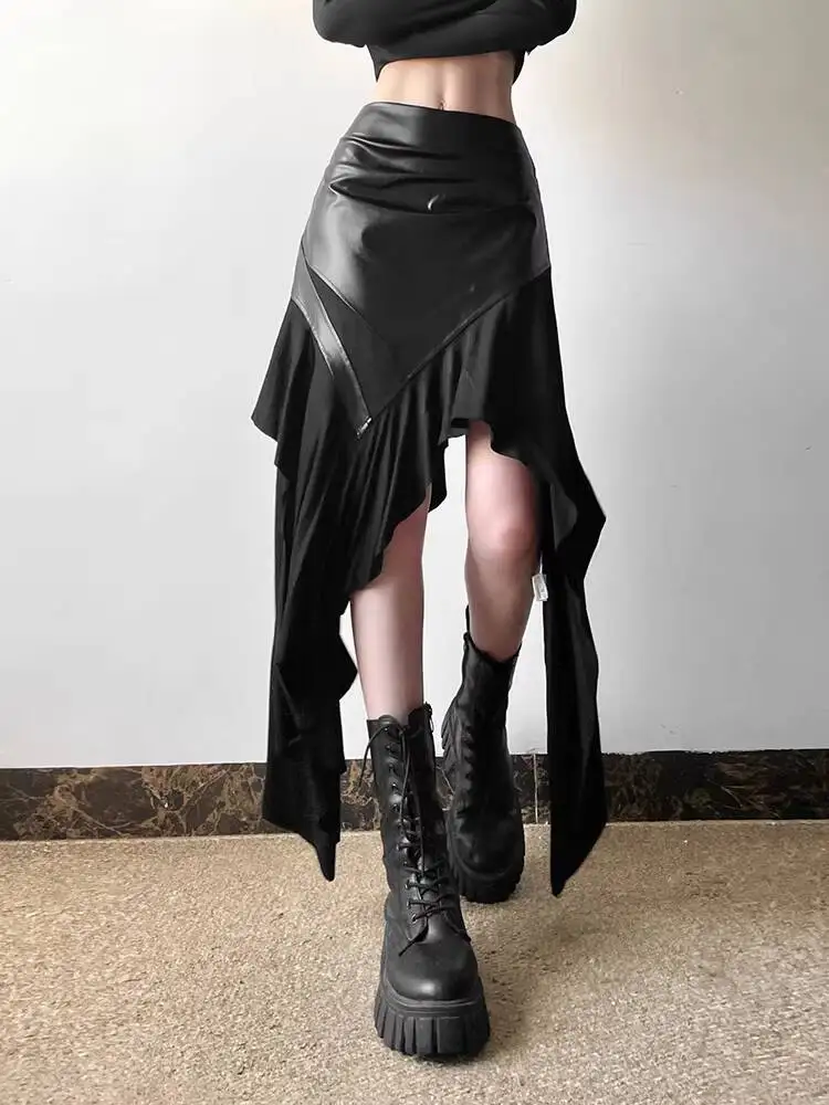 Women's Dark Gothic Skirt 2026 Spirng Summer Punk Girl Irregular PU Leather Patchwork High Waist Ruffled Slim Asymmetrical Skirt