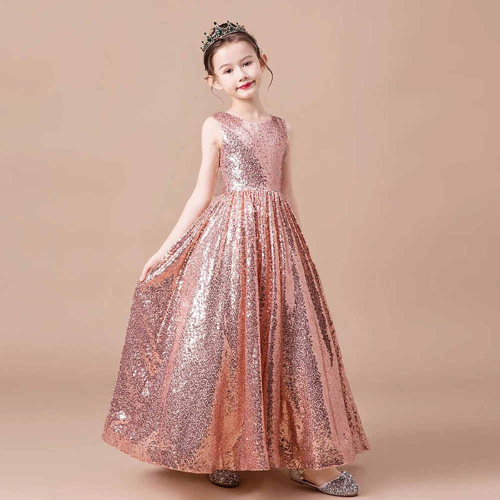 Children Dresses Sleeveless Pink Girls Elegant Dresses Evening Piano Competition Costume Sequins Princess Birthday Party Clothes