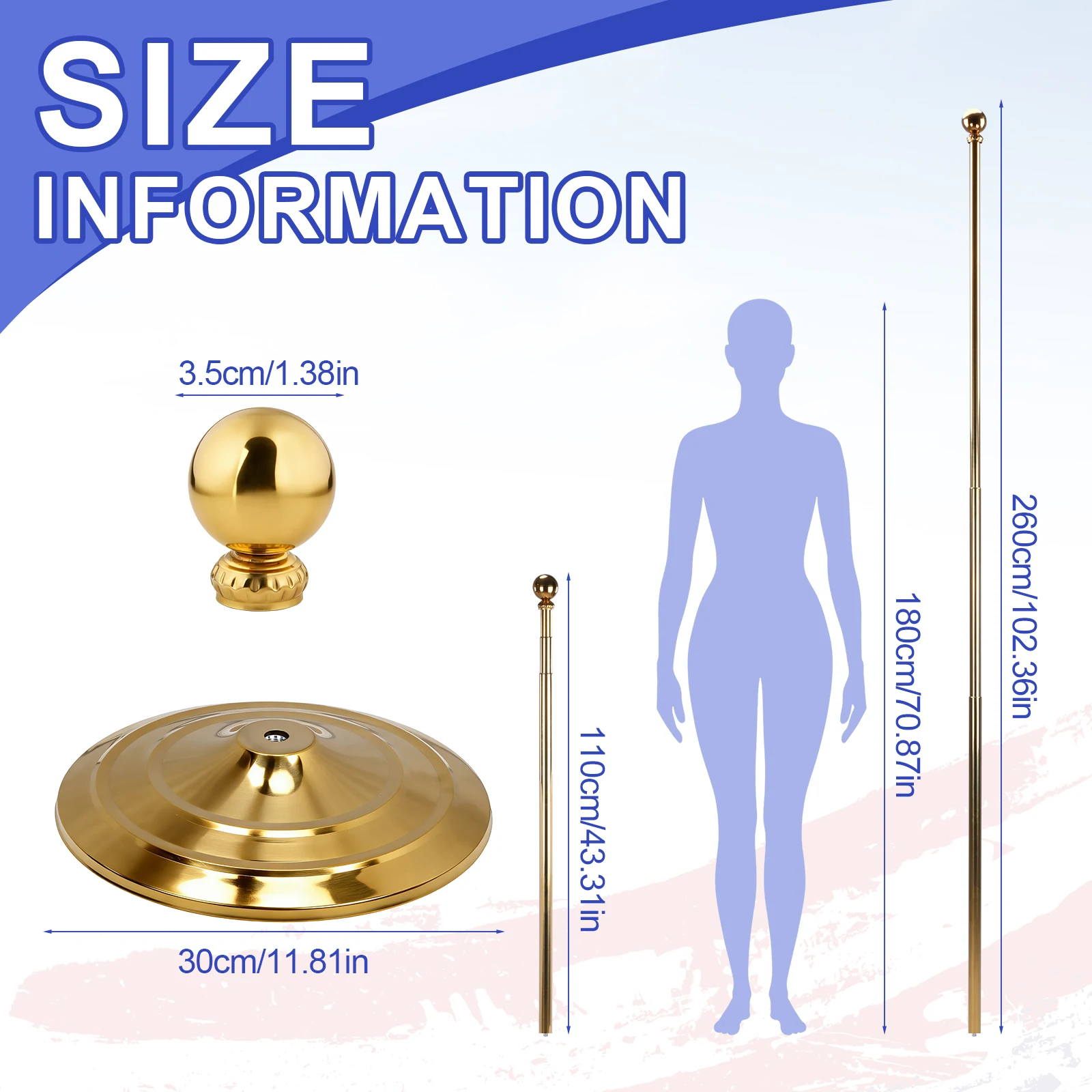 

6 Pcs 8.53ft Heavy Duty Flagpole with Base & Ball Top Pedestal Table Flag Pole Adjustable Height for Office School City Hall