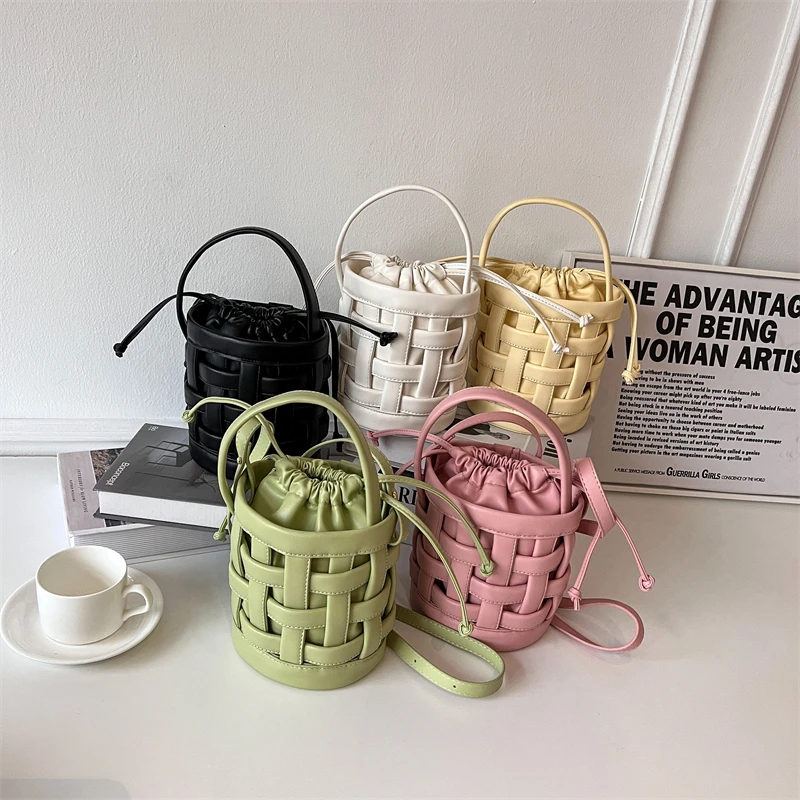 Hollow Out PU Bucket Hand Bags Solid String High Quality Shoulder and Crossbody Bags for Women 2024 Fashion Designer Style