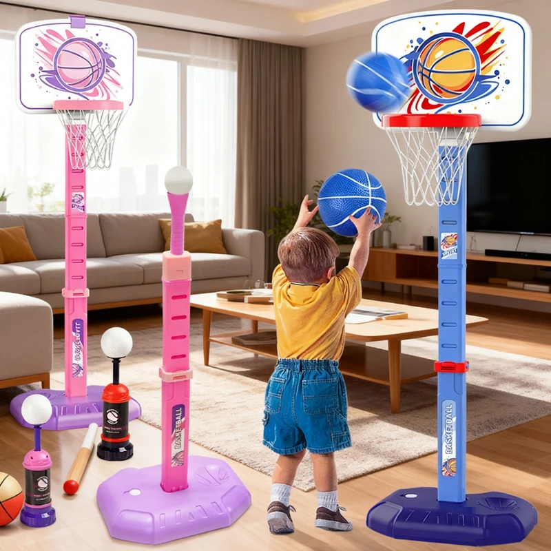 Juego de aro de baloncesto ajustable para interiores y exteriores para niños, lanzador de pelotas portátil, soporte, pelota en T, juguetes deportivos para niños, regalos