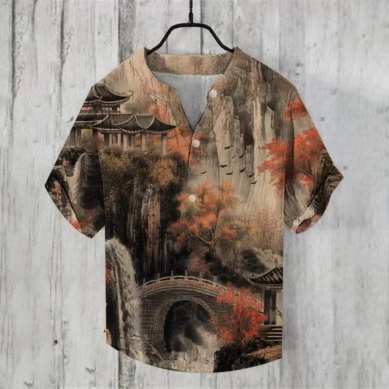 

Tiki Chinese style small bridge flowing house 3D printed men's shirt loose and casual Hawaiian off i men's clothing