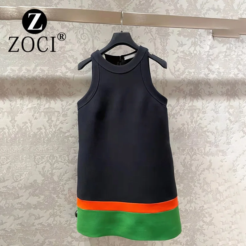 [zoci] Autumn Elegant Stylish Color Blocked A-line Slim Fit Sleeveless Tank Top Dress Women New