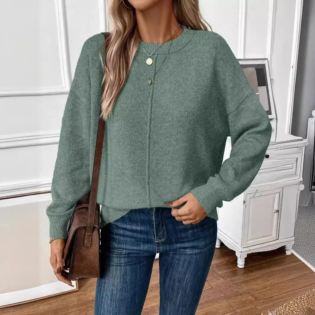 Women's Solid Color Round Neck Long Sleeved Simple and Versatile Knitted Sweater Pullover Sweater for Autumn/winter 2024