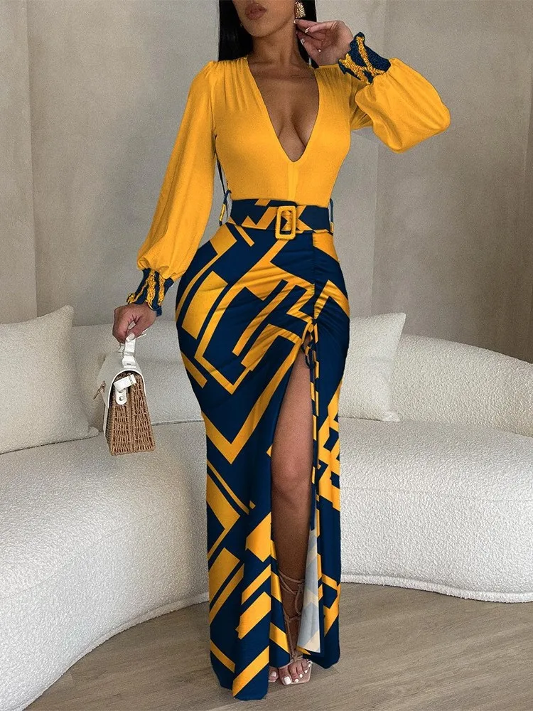 Spring Fashion Casual Woman Dress Long Sleeve Printed Deep V-neck Irregular Sexy Side Slit Dresses For Women Evening Party Dress