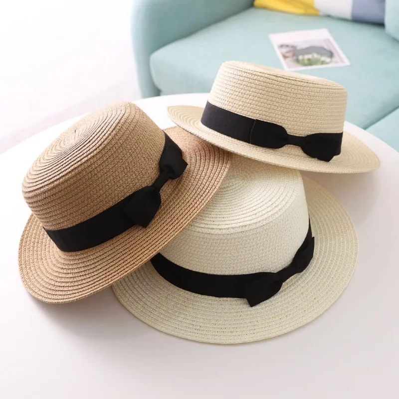 New Parent-child Straw Hat England Retro Europe and The United States Bow Flat Top Small Bowler Hat Sunshade Sunscreen Beach Hat