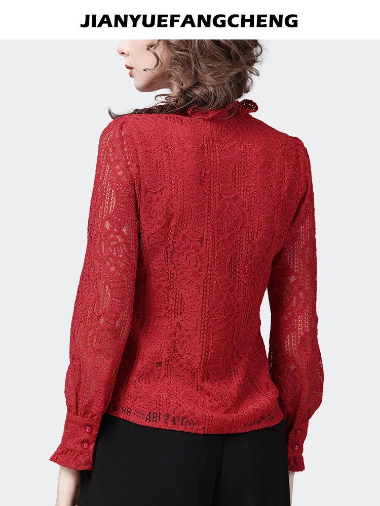 Fashion Square Neck Ruffles Red Lace Shirt Women\' 2024 Spring Summer Tops Elegant Hollow Out Chic Office Ladies Blouses