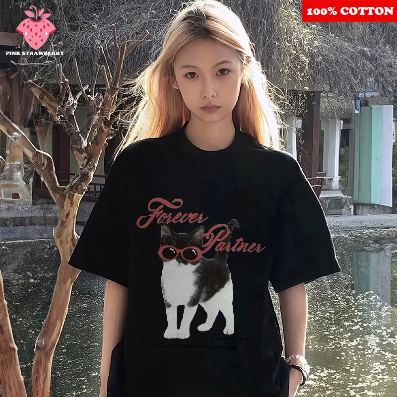 

Cute Cool Cat Print T-shirt Women Summer New 100% Cotton Fashion Short Sleeve T-shirt Casual Round neck Y2k Tops Female clothing