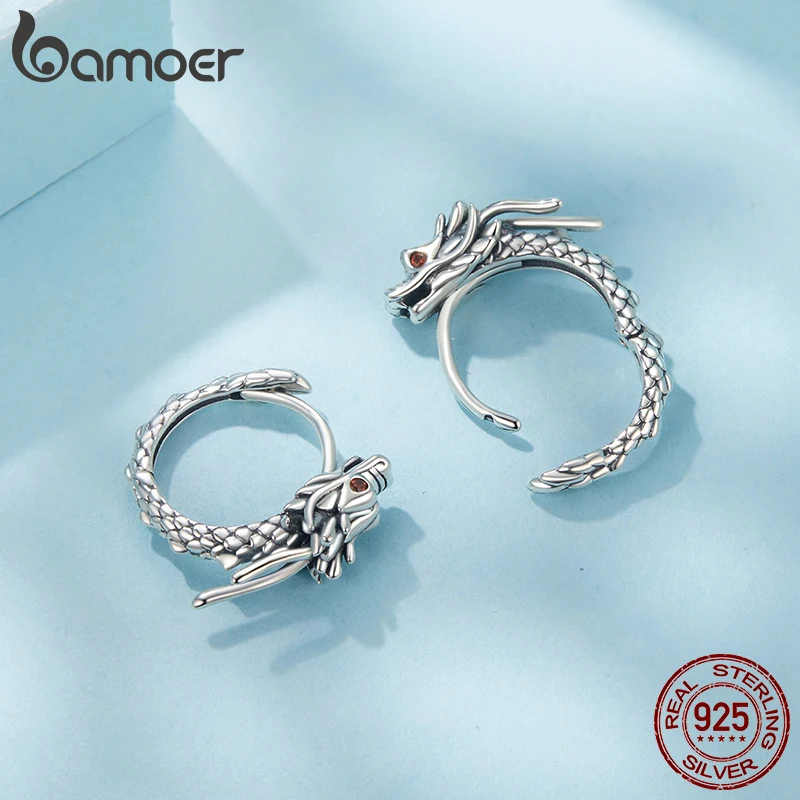 Bamoer-pendientes de dragón originales de Plata de Ley 925, Clip de oreja de aro, serpiente oxidada única para mujer y niña, regalo de joyería fina para fiesta