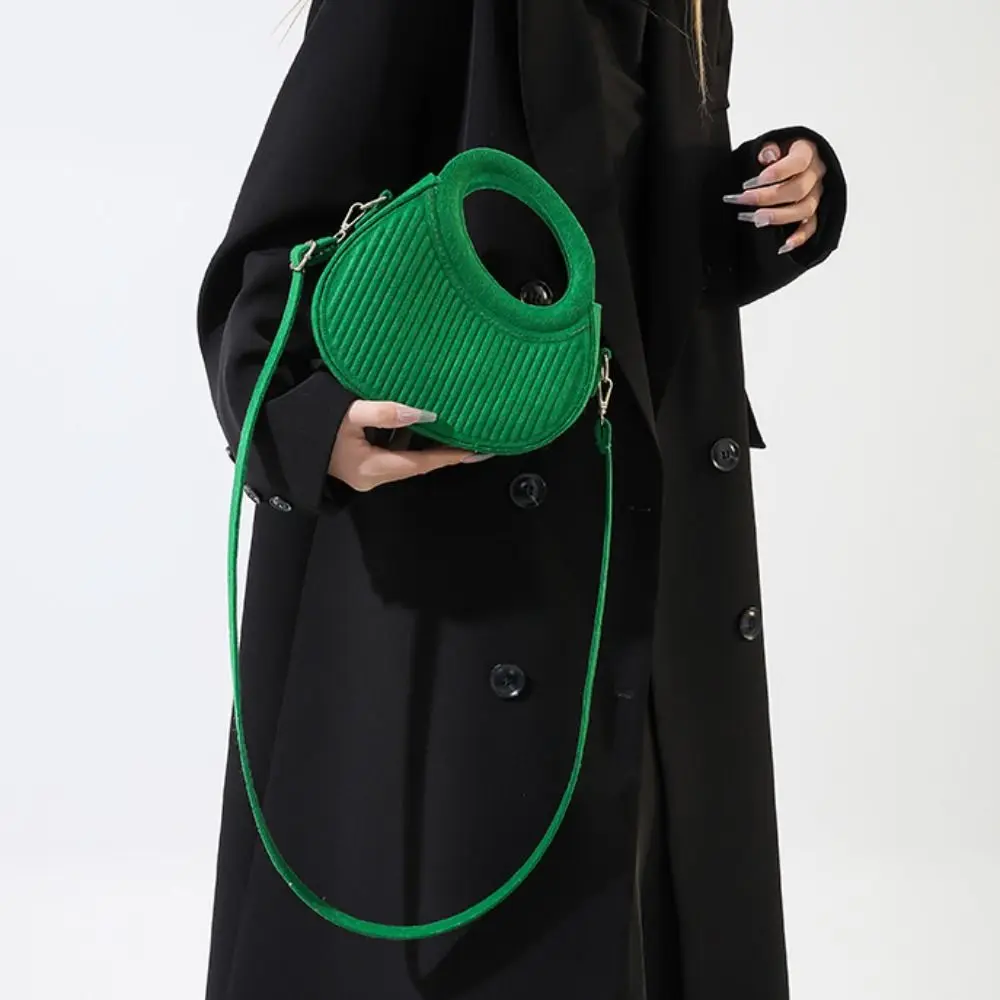 PU Leather Felt Crossbody Bag Korean Style Half Moon Bag Hobos Handbag Fashion Design Solid Color Pleated Shoulder Bag