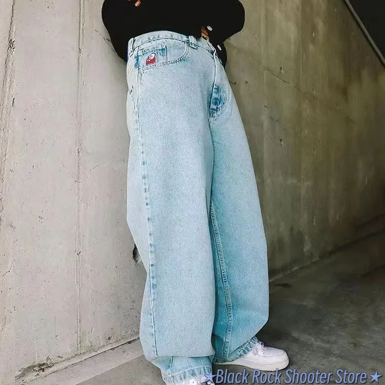 Pantalones vaqueros holgados para hombre y mujer, Pantalón ancho de cintura alta con bordado gráfico de dibujos animados, estilo Hip Hop, Y2K