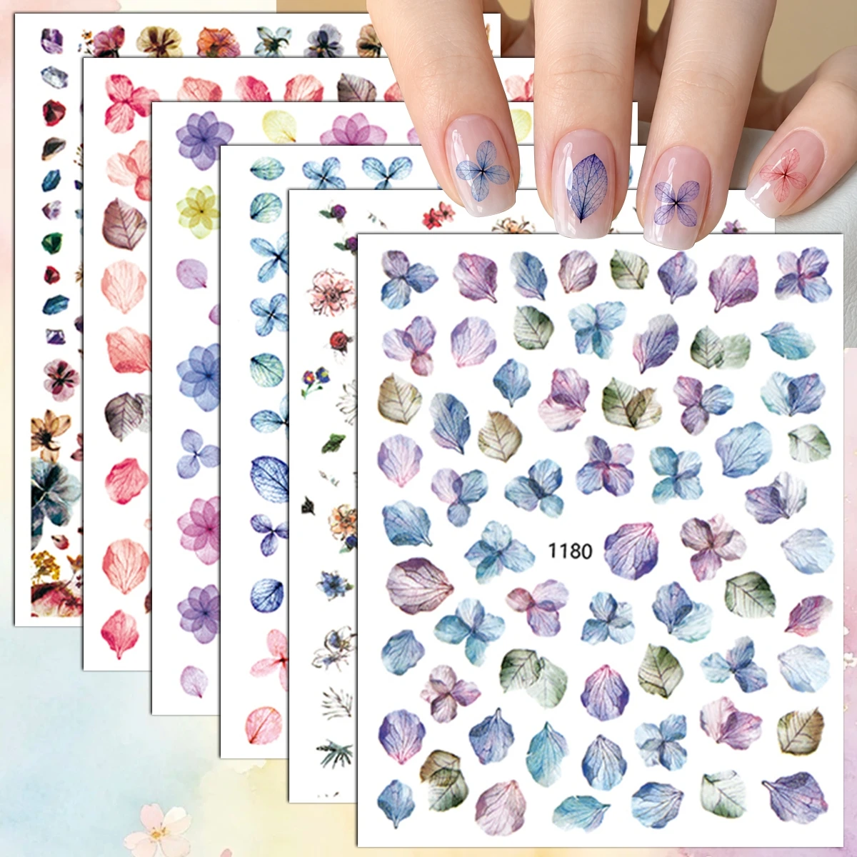 3 to 12 Sheets 3D Watercolor Flower Leaf Petal Botanical Pastel Floral Spring Summer Self-Adhesive Nail Art Stickers