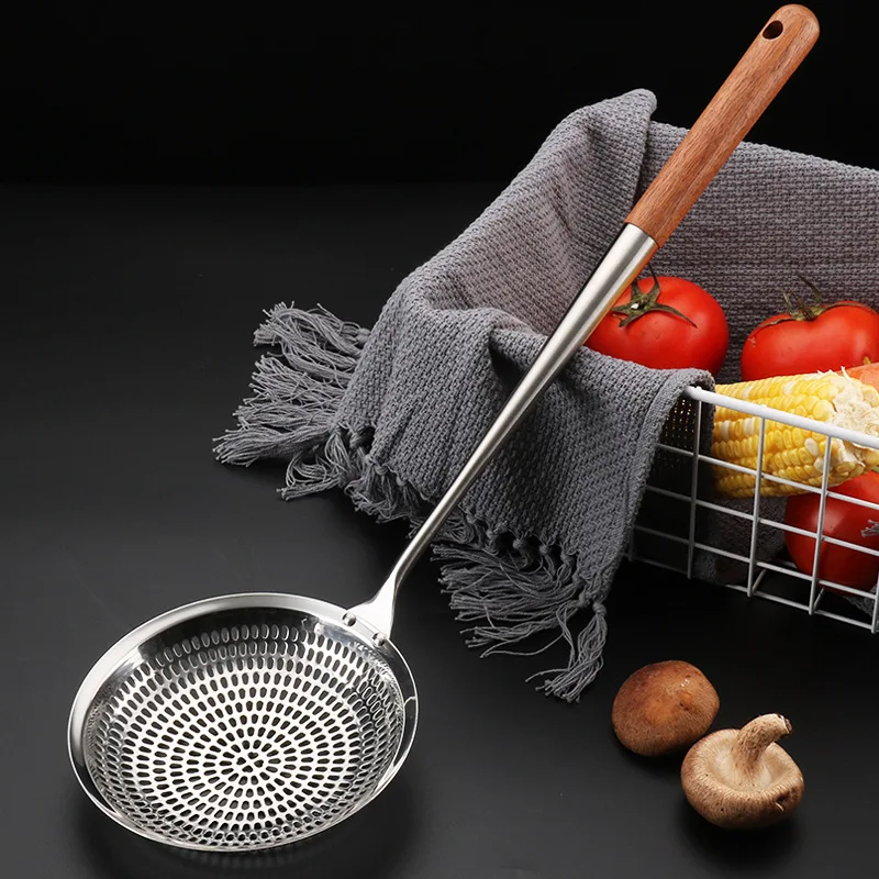 Stainless Steel Pasta Colander Long Wooden Handle Large Noodle Drainer Spoons Cooking Skimmer French Fries Strainer Food Filter