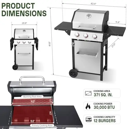 Propane Grill with Folding Side Tables, 3-Burner Gas Grill with Double-Wall Insulated Lid and Full-Size Grease Tray