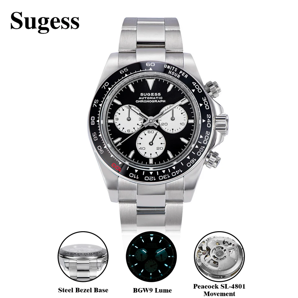Sugess Panda Diver Chronograph Mens Watch Automatic Peacock SL