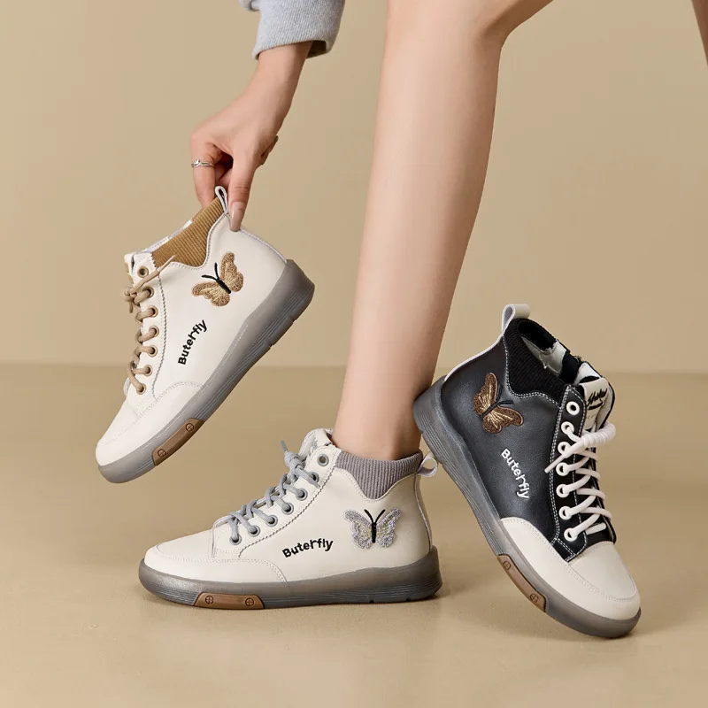 2024 Fashion Women Boots Genuine Leather White Ankle Boots Female Casual Sneakers Plus Size Soft Bottom High Top Women's Shoes