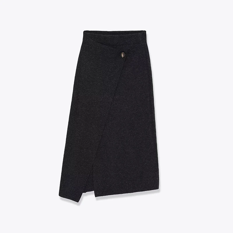 YENKYE Dark Gray Knit Wrap Midi Skirt Women Front Button Asymmetrical Hem Elegant Winter Skirts