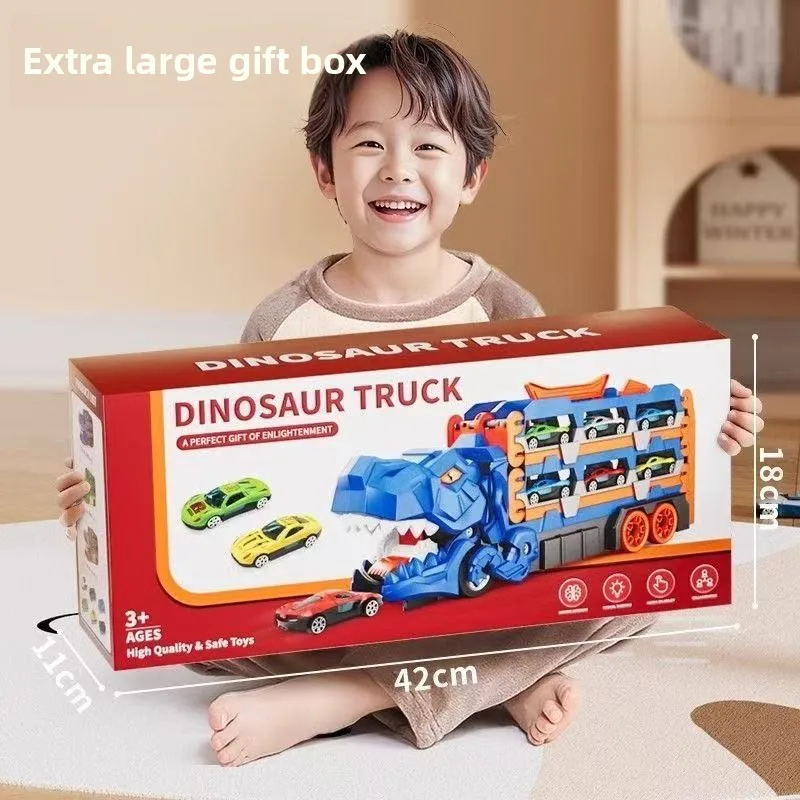 Nuevo camión de transporte de dinosaurios con 12 coches de carreras moldeados, coche de dinosaurio transformador en regalos de tiranosaurio de pie para niños