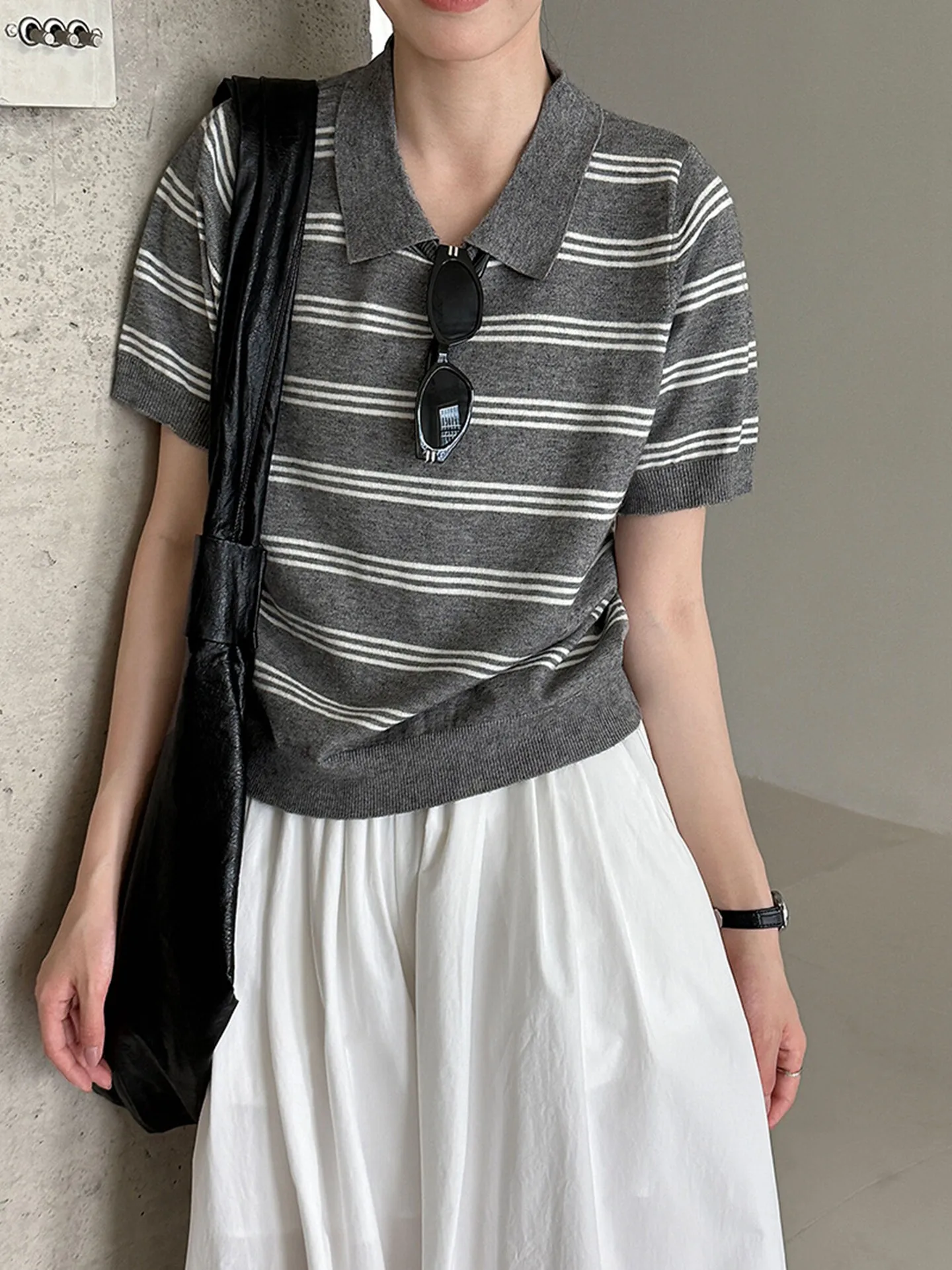 Lapel striped cashmere knitted polo shirt in early autumn new contrast casual commuter short sleeves