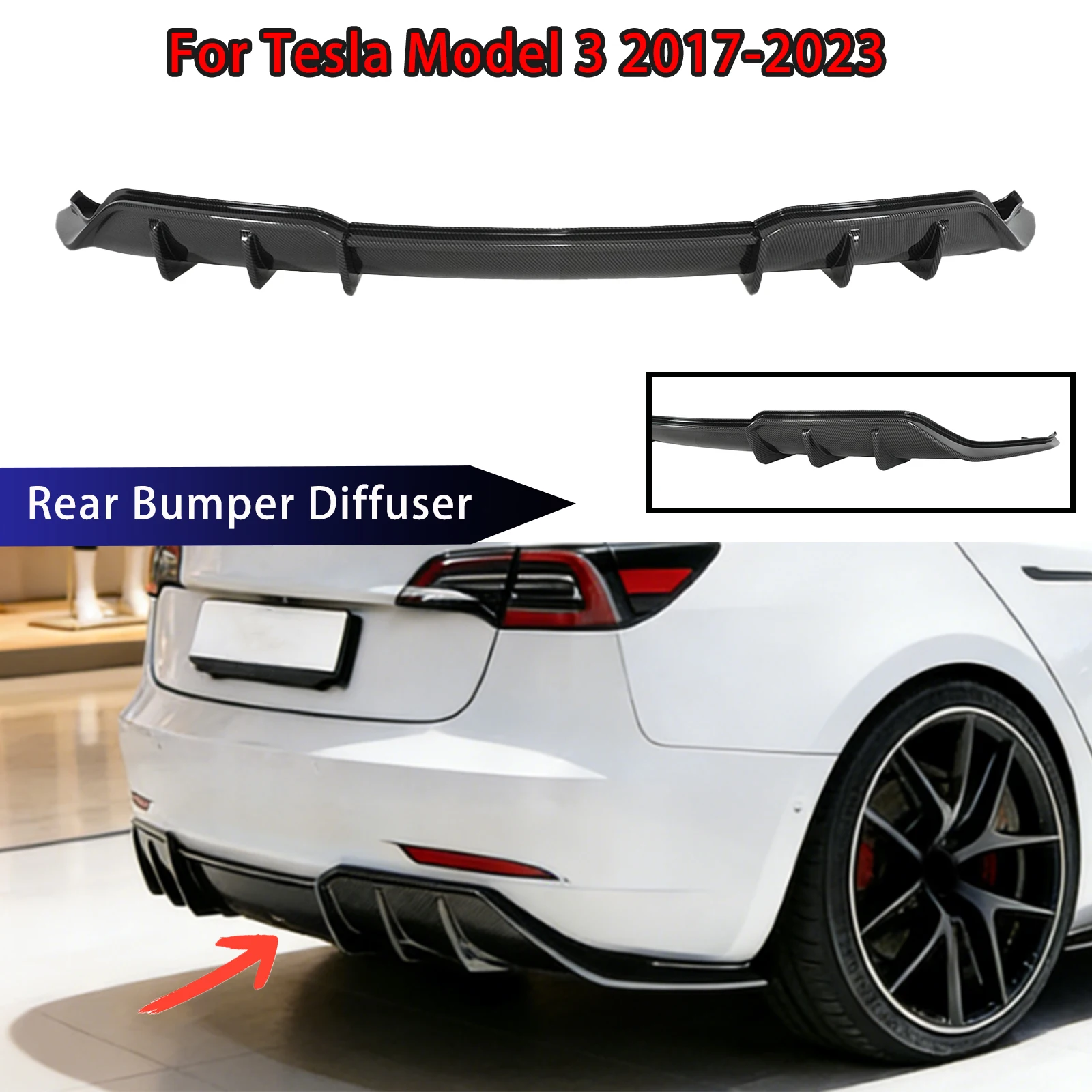 테슬라 모델 3 2017 2018-2022 2023 3PCS 자동차 리어 범퍼 디퓨저 스포일러 스플리터 카본 파이버 룩 글로시 블랙 ABS 플라스틱